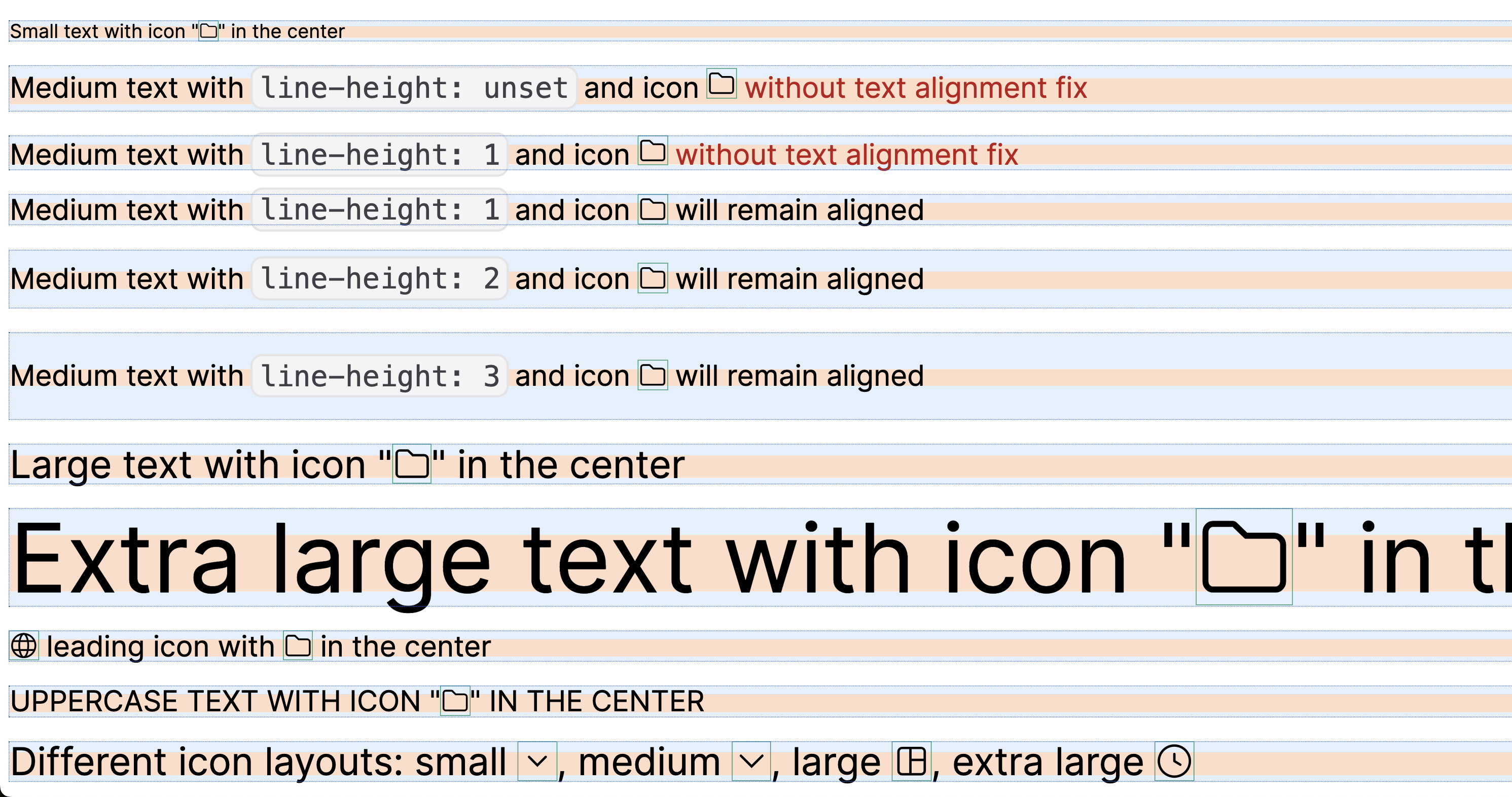 Final result: text alignment with icons in different cases
